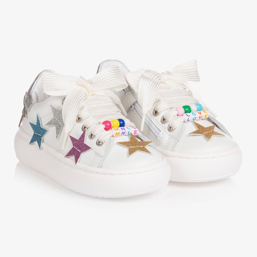 Monnalisa - Girls White Glitter Stars Trainers | Childrensalon