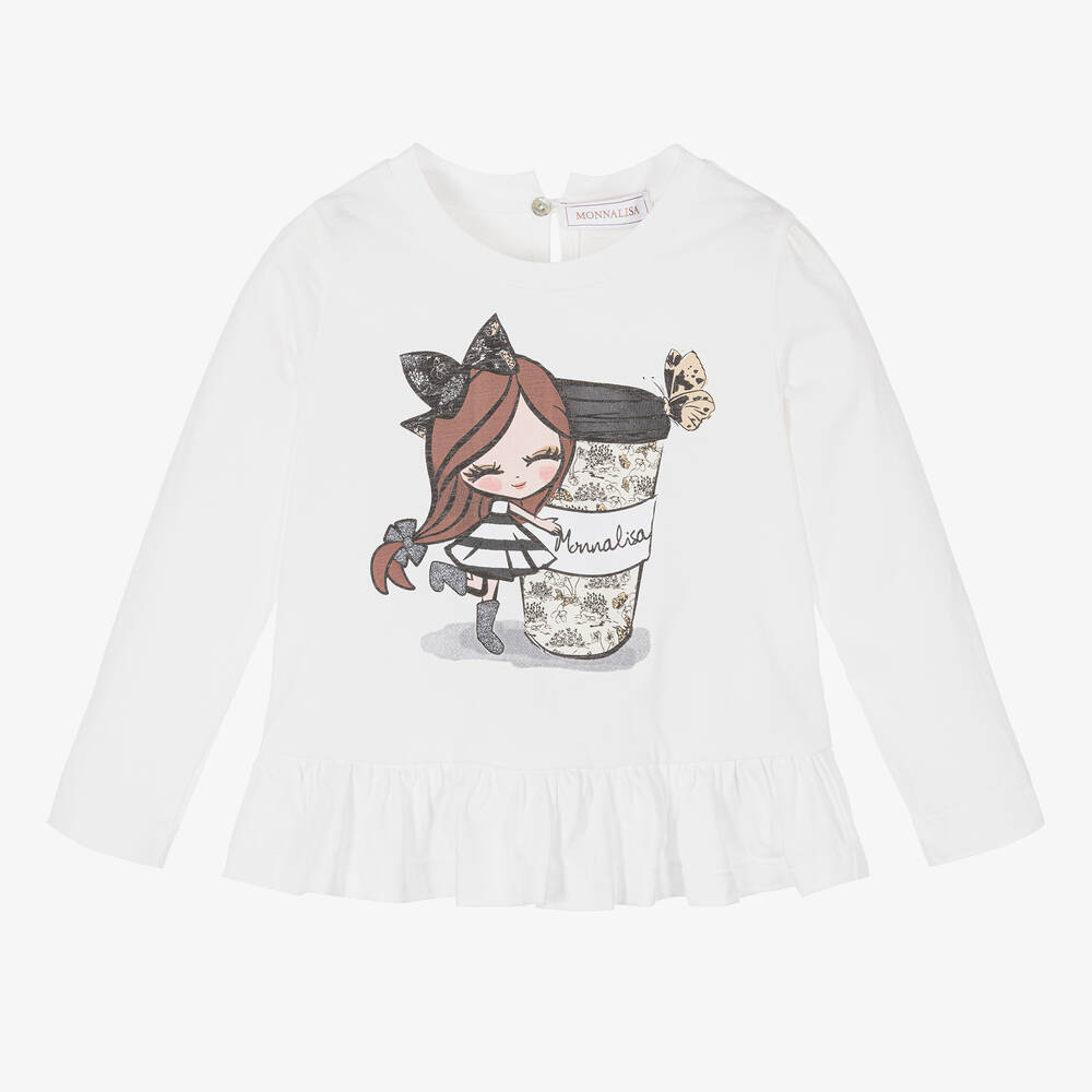 Monnalisa - Girls White Graphic Cotton Top | Childrensalon