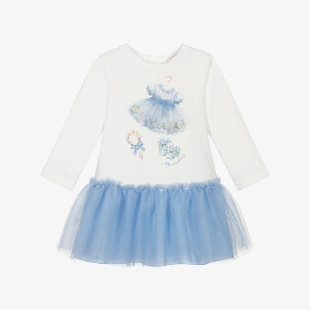 Monnalisa-فستان تول أزرق مع بلوزة بيضاء للبنات | Childrensalon Outlet