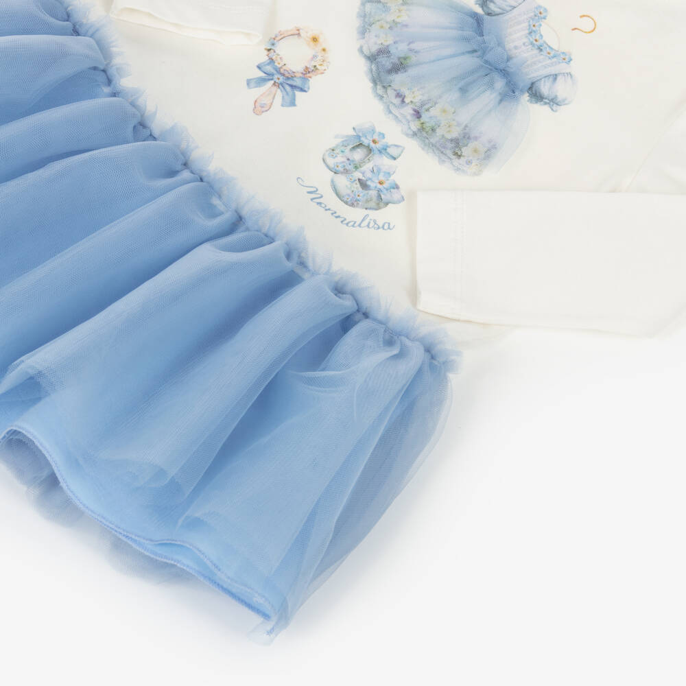 Monnalisa-فستان تول أزرق مع بلوزة بيضاء للبنات | Childrensalon Outlet