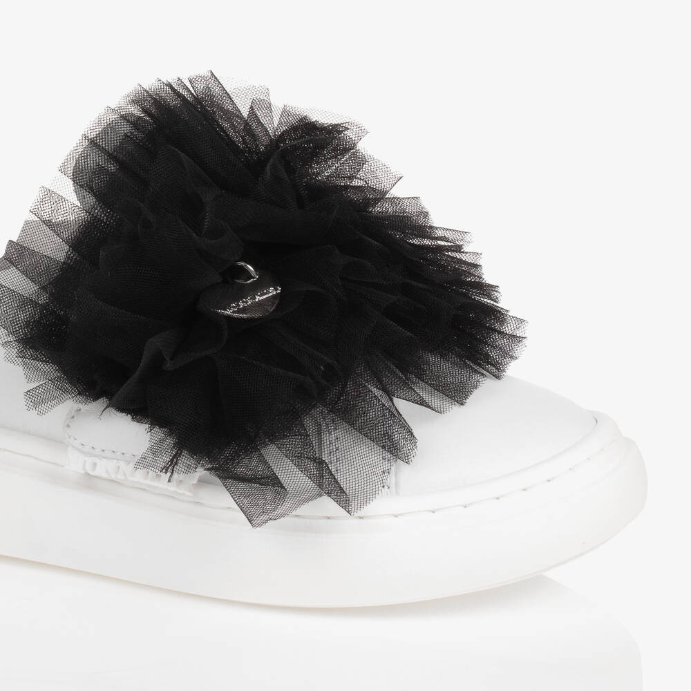 Monnalisa-Белые кожаные кроссовки с черной отделкой из тюля для девочек | Childrensalon Outlet