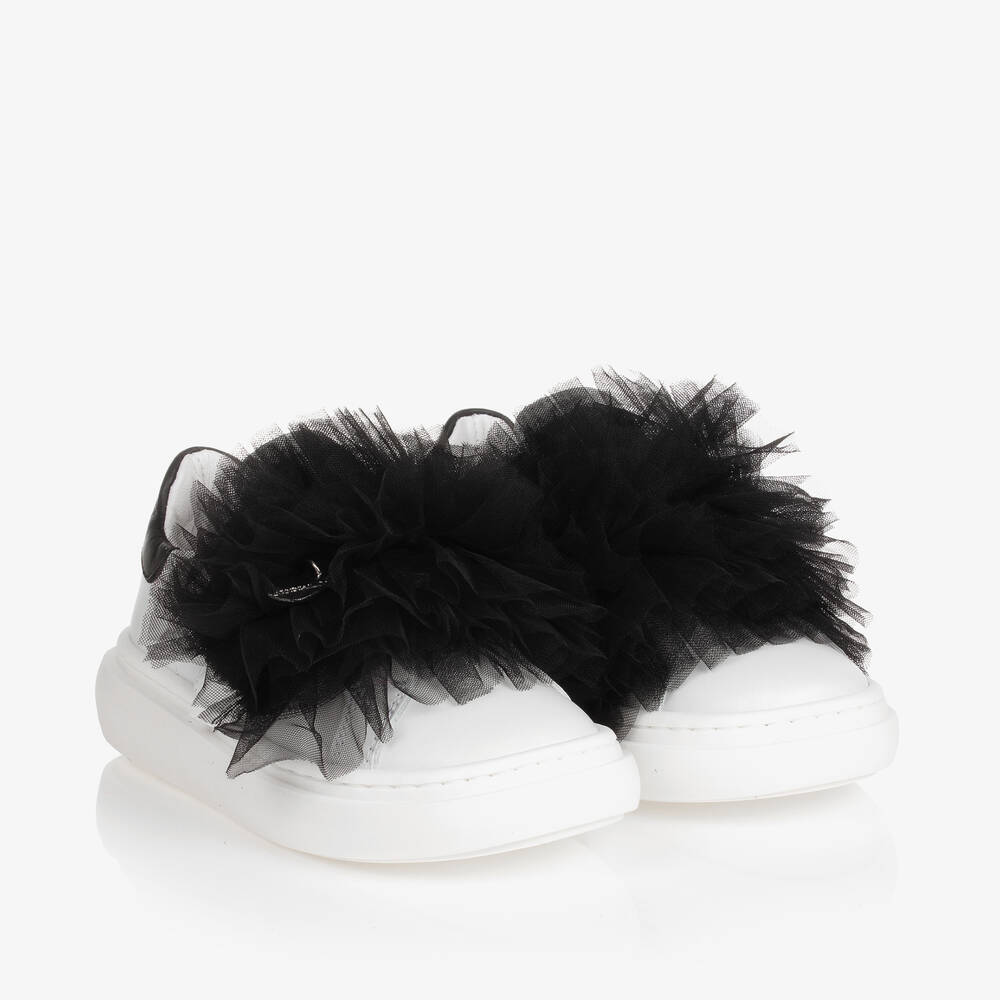 Monnalisa-Girls White Leather & Black Tulle Trainers | Childrensalon Outlet