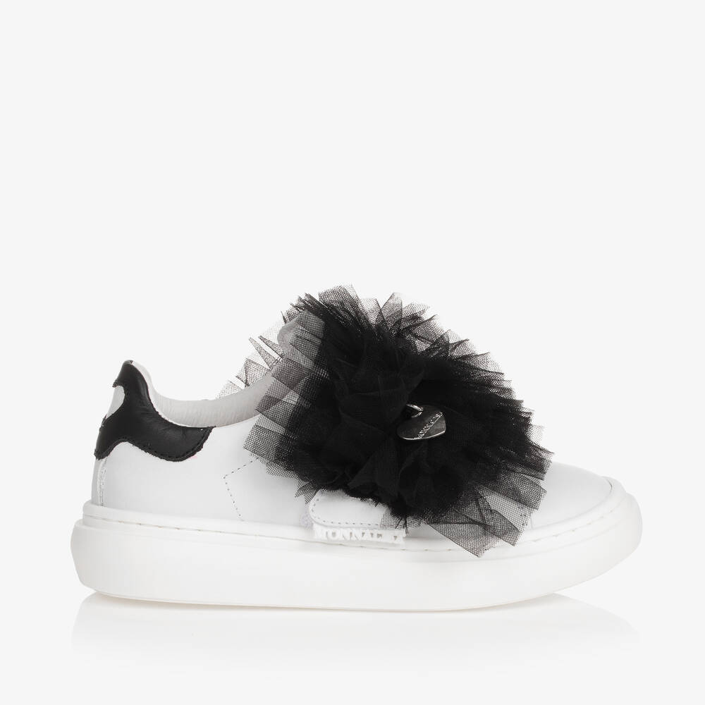 Monnalisa-Белые кожаные кроссовки с черной отделкой из тюля для девочек | Childrensalon Outlet