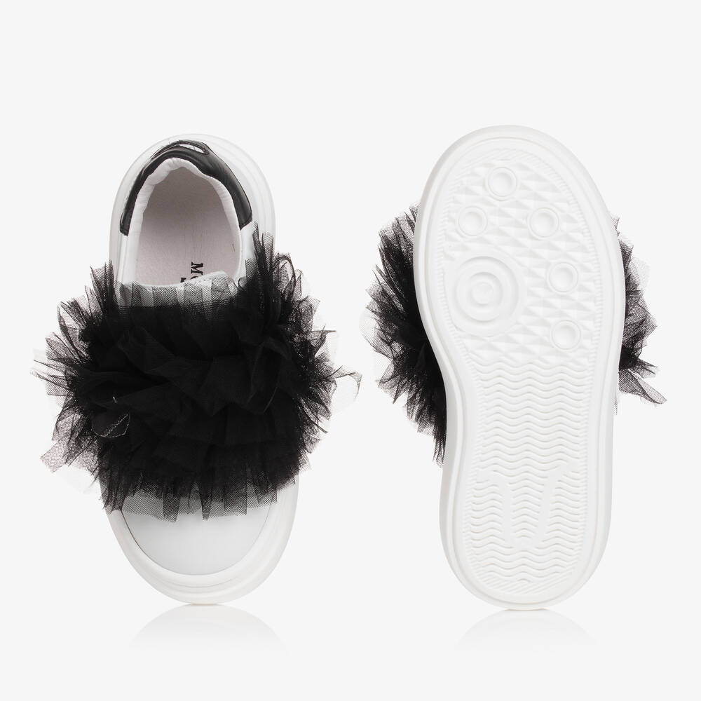 Monnalisa-Белые кожаные кроссовки с черной отделкой из тюля для девочек | Childrensalon Outlet