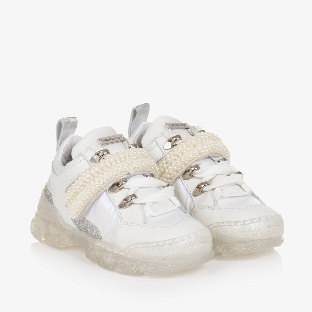 Monnalisa-Girls White Leather & Pearl Trainers | Childrensalon Outlet