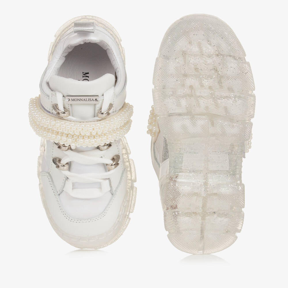 Monnalisa-Girls White Leather & Pearl Trainers | Childrensalon Outlet