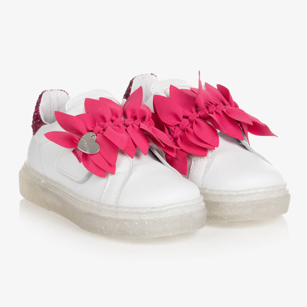 Monnalisa - Baskets cuir blanc pétales de rose | Childrensalon