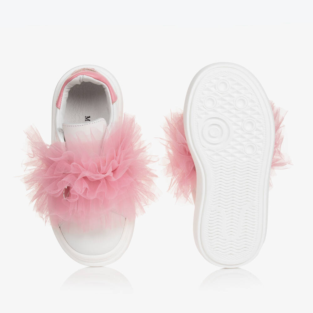 Monnalisa-Белые кожаные кроссовки с розовой отделкой из тюля для девочек | Childrensalon Outlet