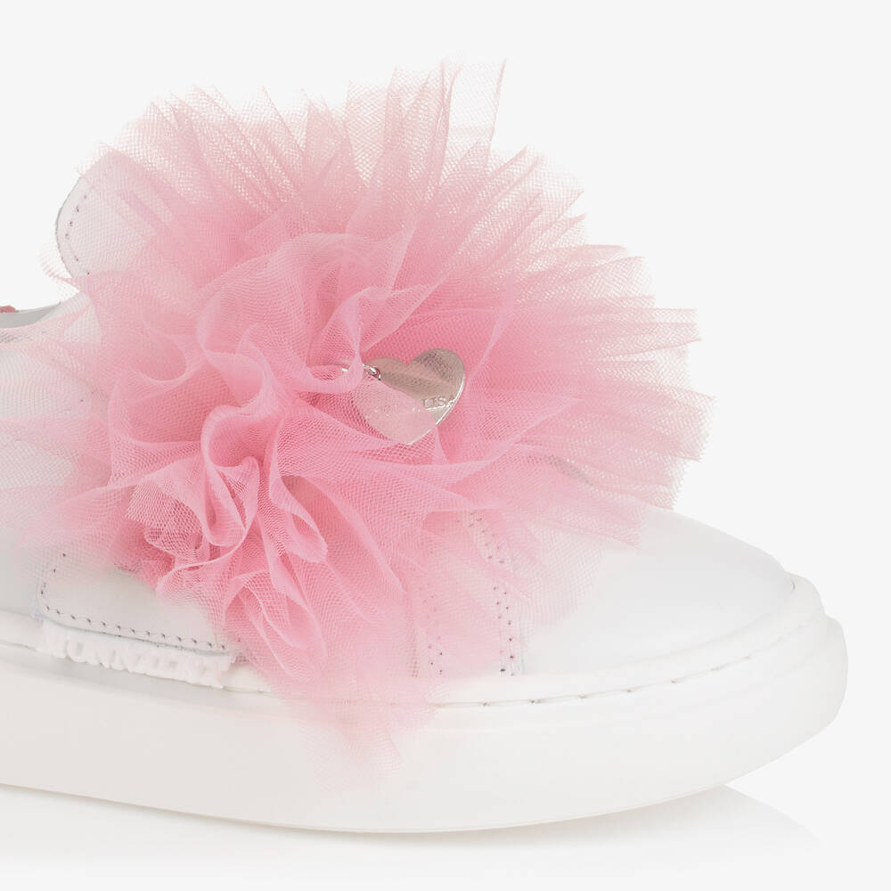 Monnalisa-Белые кожаные кроссовки с розовой отделкой из тюля для девочек | Childrensalon Outlet
