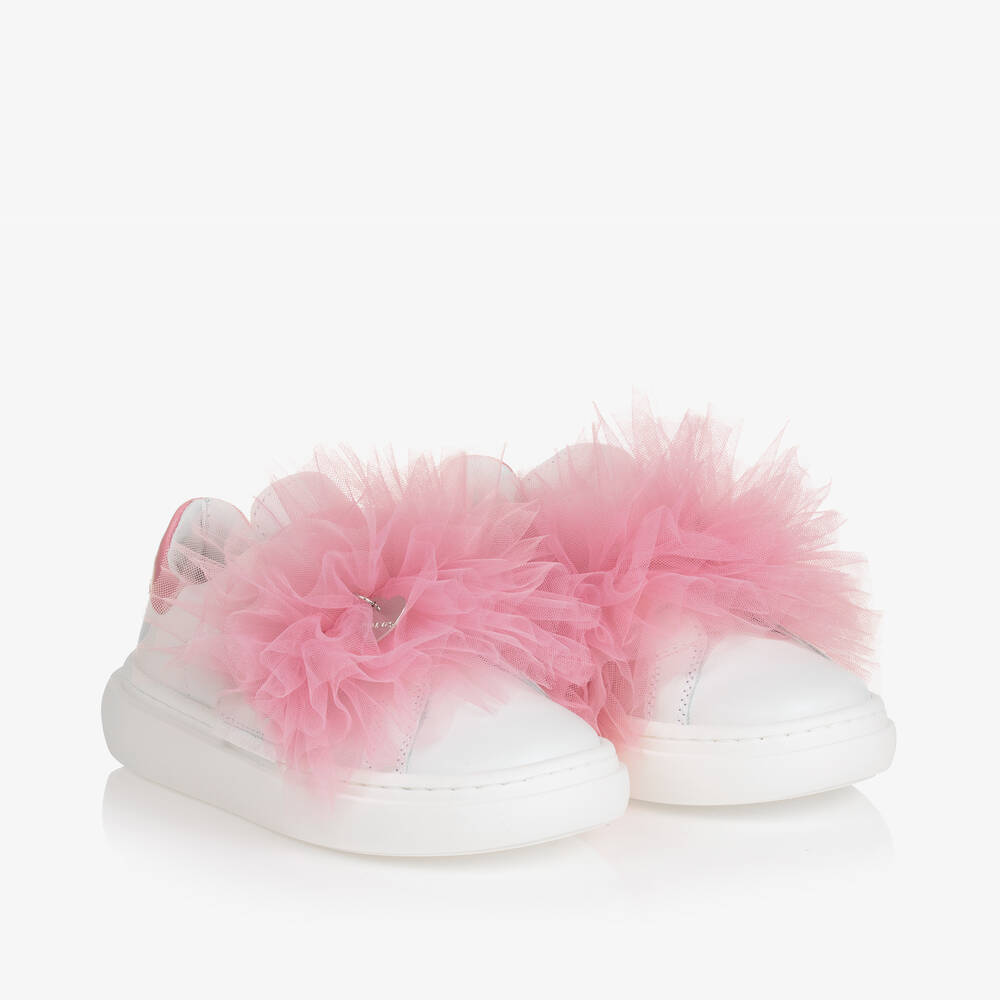 Monnalisa-Girls White Leather & Pink Tulle Trainers | Childrensalon Outlet