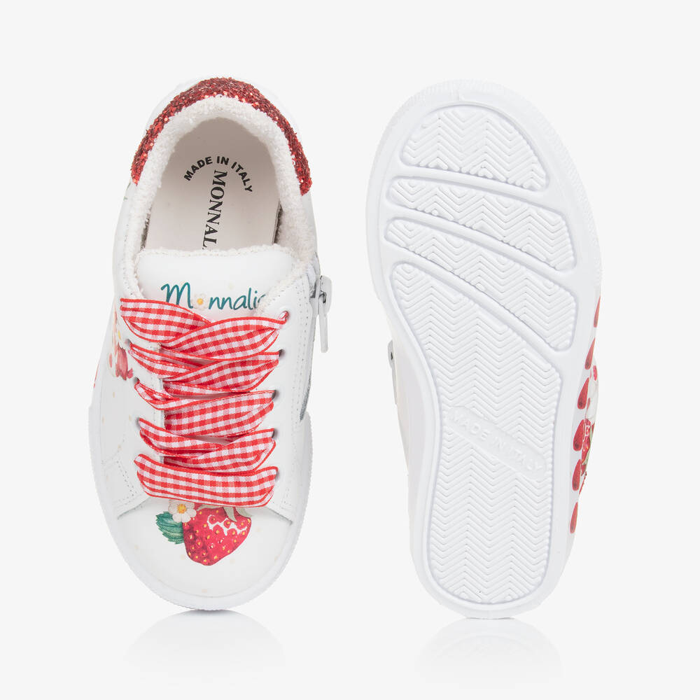 Monnalisa-Girls White Leather Strawberry Trainers | Childrensalon Outlet