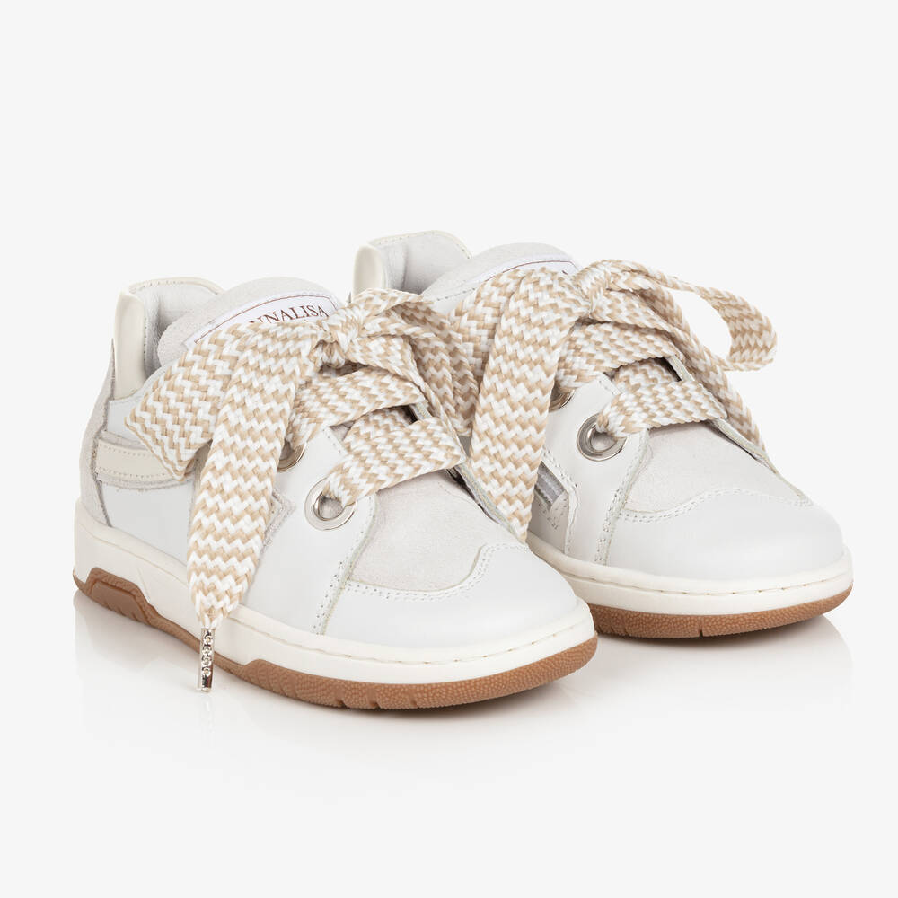 Monnalisa-Girls White Leather Trainers | Childrensalon Outlet