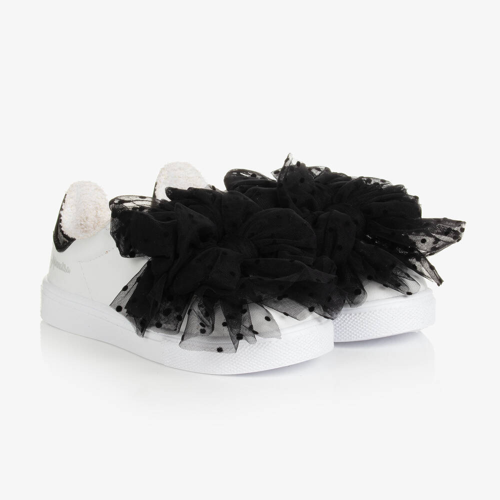 Monnalisa - Girls White Leather & Tulle Bow Trainers | Childrensalon