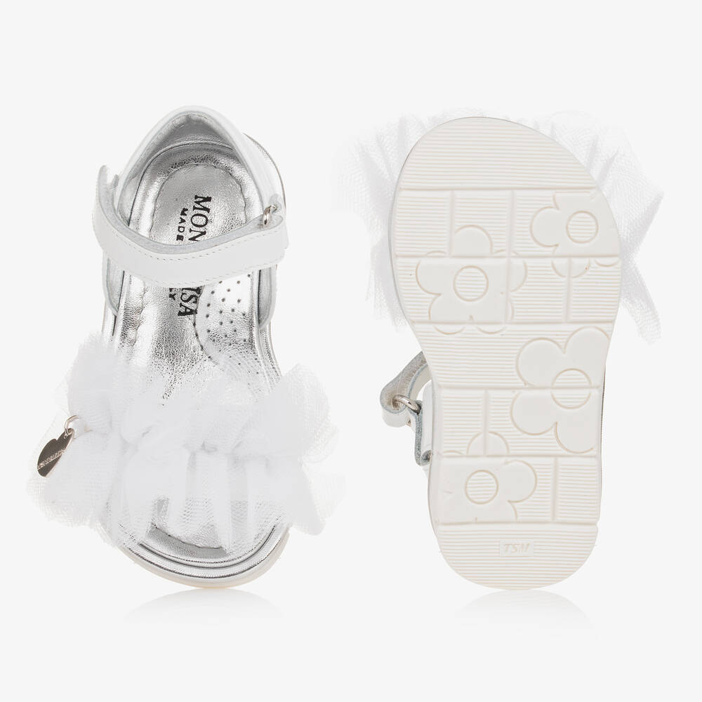 Monnalisa-Girls White Leather & Tulle Frill Sandals | Childrensalon Outlet