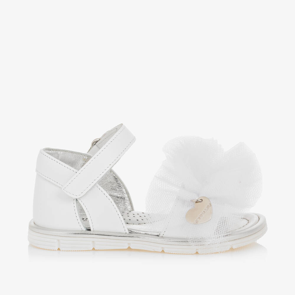 Monnalisa-Girls White Leather & Tulle Frill Sandals | Childrensalon Outlet
