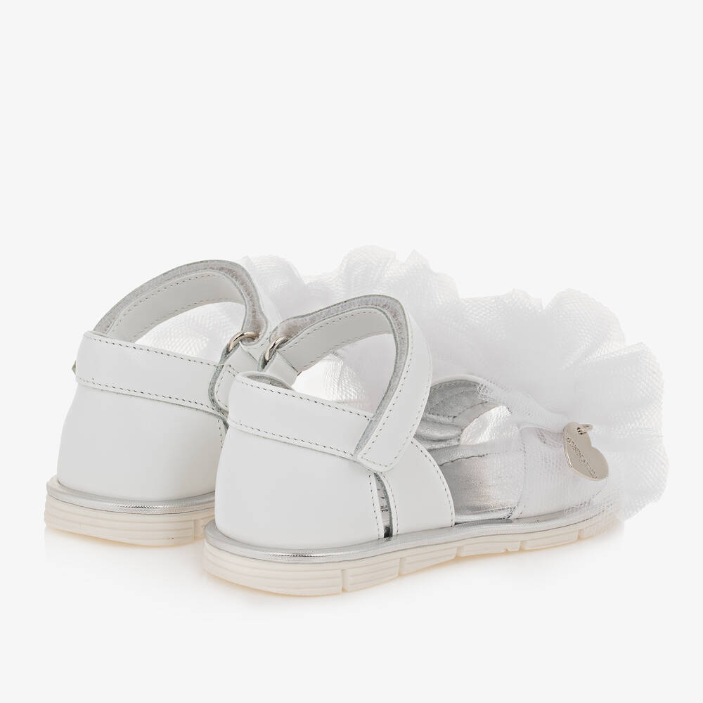 Monnalisa-Girls White Leather & Tulle Frill Sandals | Childrensalon Outlet