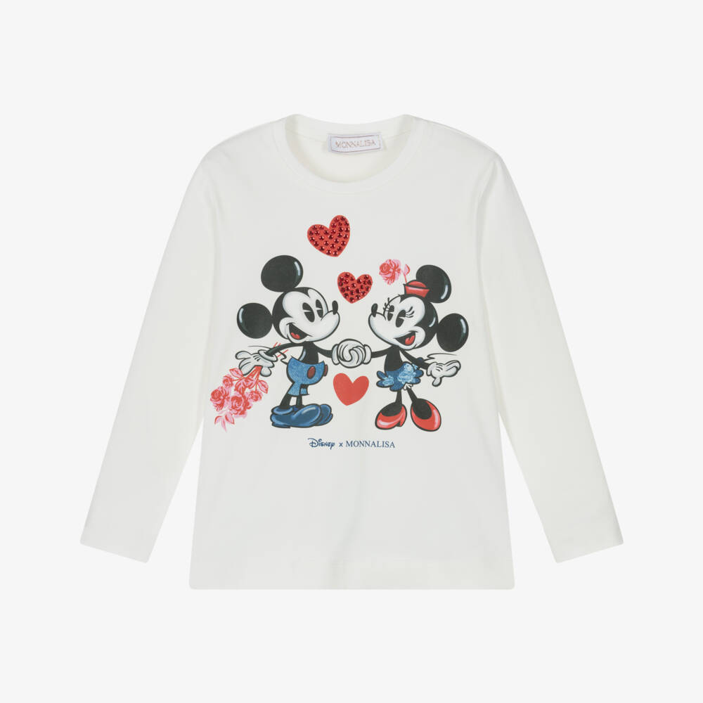 Monnalisa-Girls White Mickey Minnie Cotton Top | Childrensalon Outlet