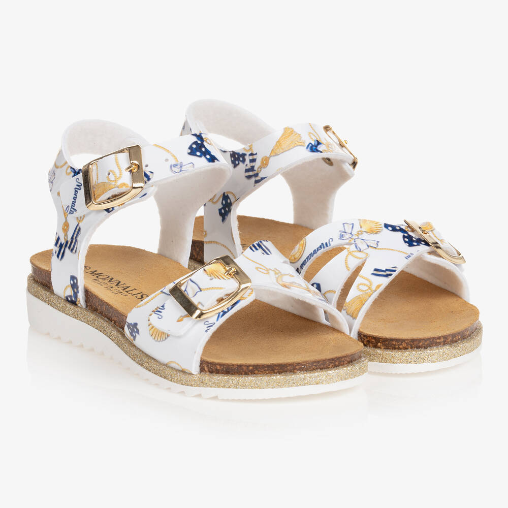 Monnalisa - Weiße Sandalen mit Marine-Print (M) | Childrensalon