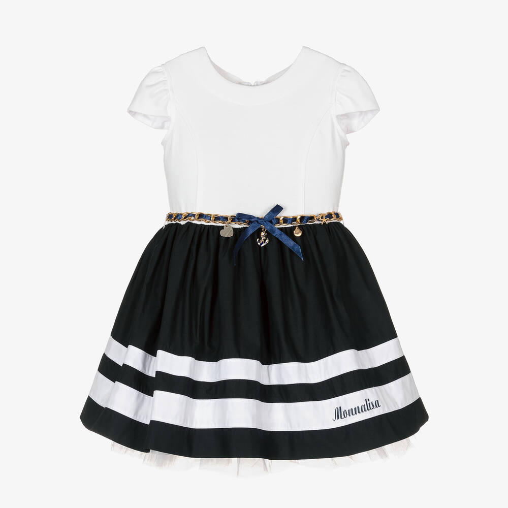 Monnalisa - فستان بحزام قطن وفيسكوز لون أبيض وكحلي | Childrensalon