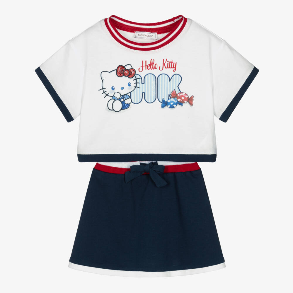Monnalisa-Girls White & Navy Blue Hello Kitty Piqué Skirt Set | Childrensalon Outlet