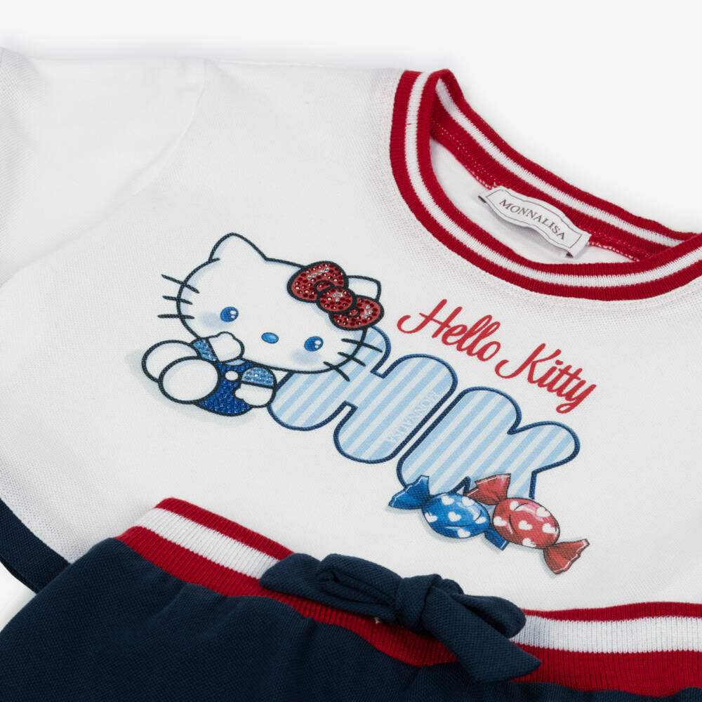 Monnalisa-Girls White & Navy Blue Hello Kitty Piqué Skirt Set | Childrensalon Outlet