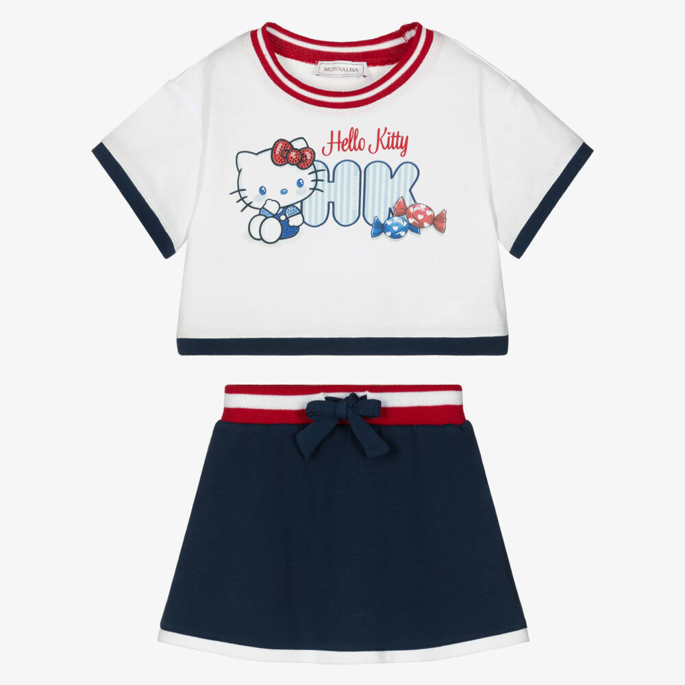 Monnalisa-Girls White & Navy Blue Hello Kitty Piqué Skirt Set | Childrensalon Outlet