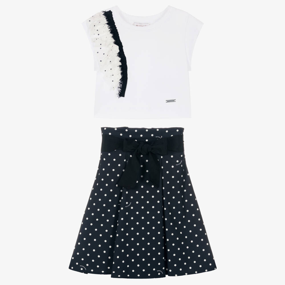 Monnalisa-Girls White & Navy Blue Polka Dot Skirt Set | Childrensalon Outlet