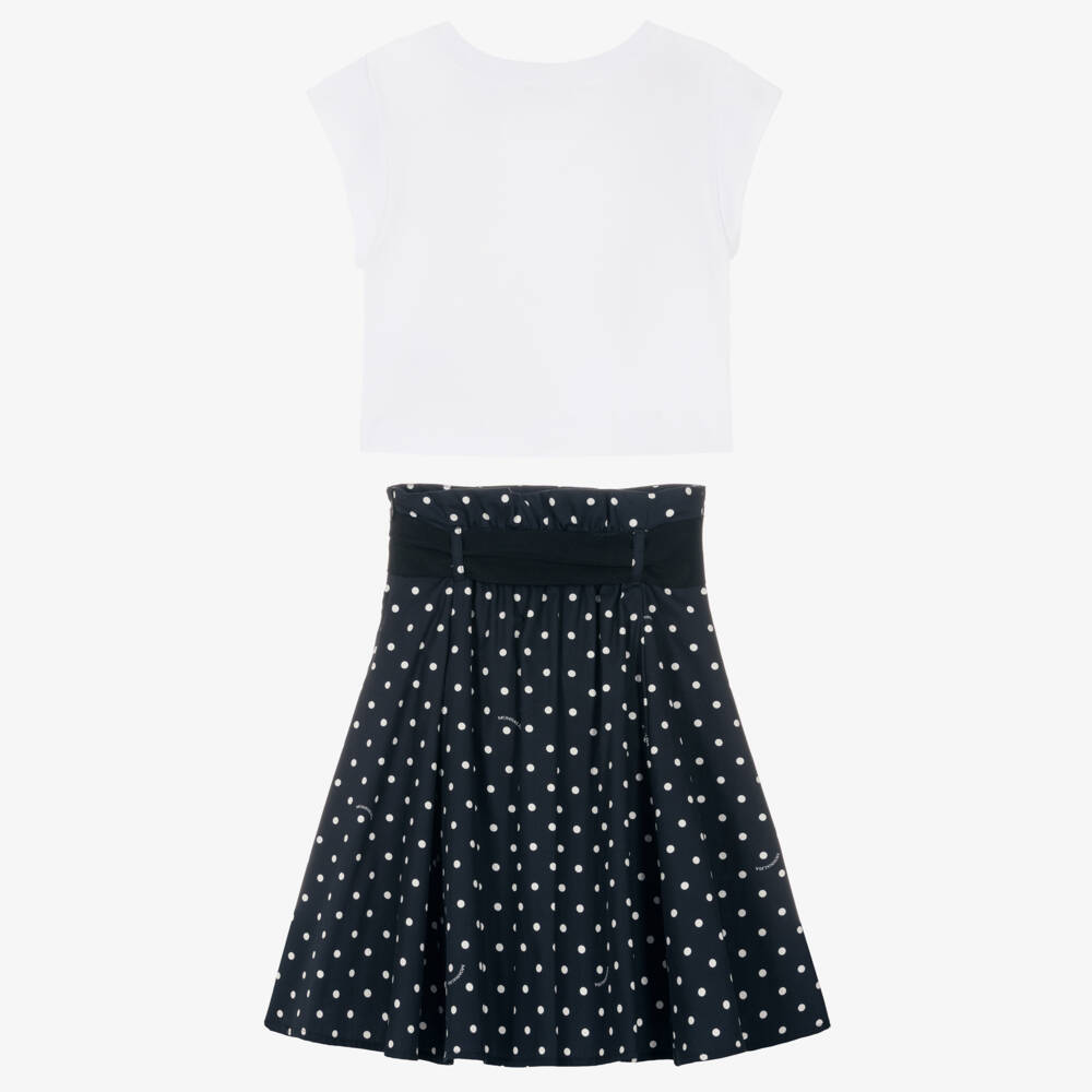 Monnalisa-Girls White & Navy Blue Polka Dot Skirt Set | Childrensalon Outlet