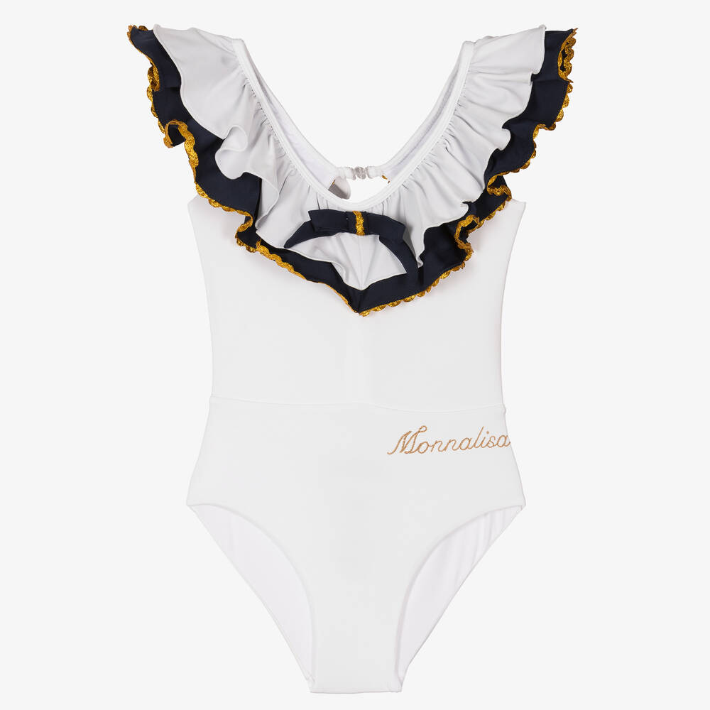 Monnalisa - Girls White Open Back Swimsuit | Childrensalon