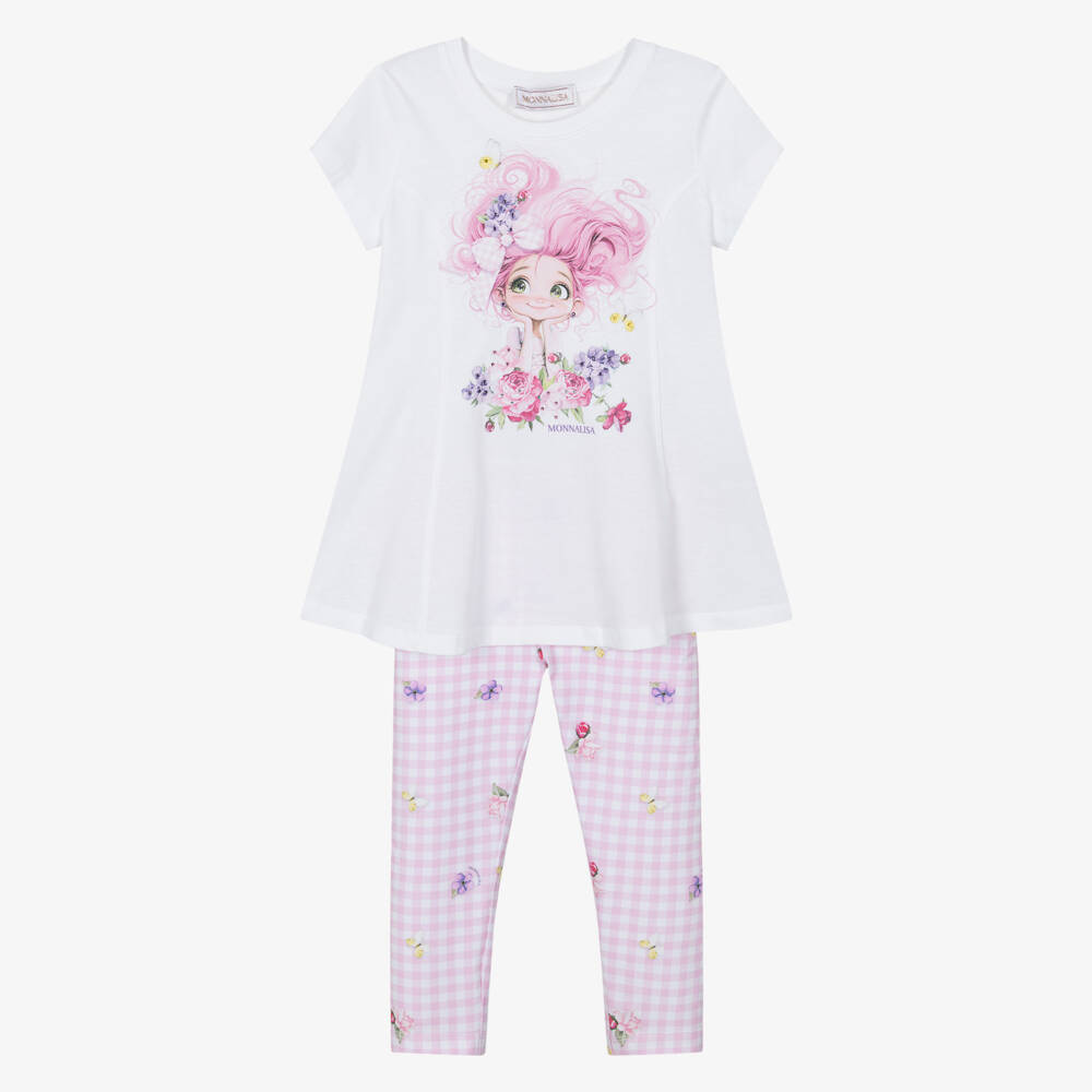 Monnalisa-Girls White & Pale Pink Gingham Leggings Set | Childrensalon Outlet