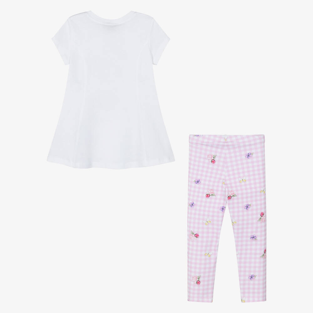 Monnalisa-Girls White & Pale Pink Gingham Leggings Set | Childrensalon Outlet