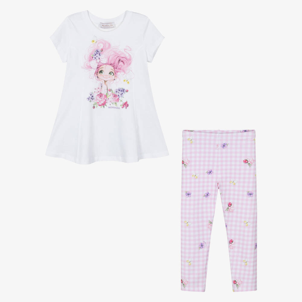 Monnalisa-Girls White & Pale Pink Gingham Leggings Set | Childrensalon Outlet