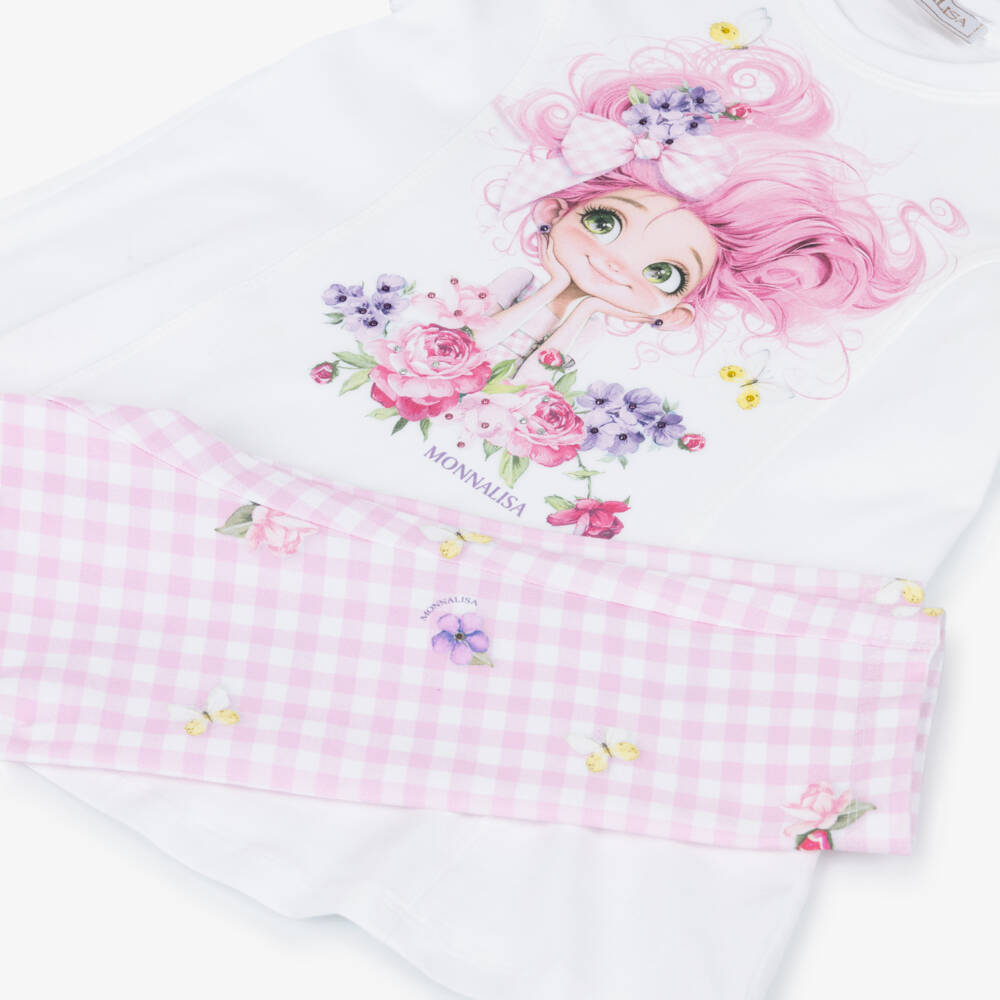 Monnalisa-Girls White & Pale Pink Gingham Leggings Set | Childrensalon Outlet