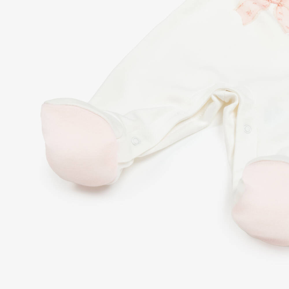 Monnalisa-Girls White & Peach Pink Cotton Babysuit Set | Childrensalon Outlet