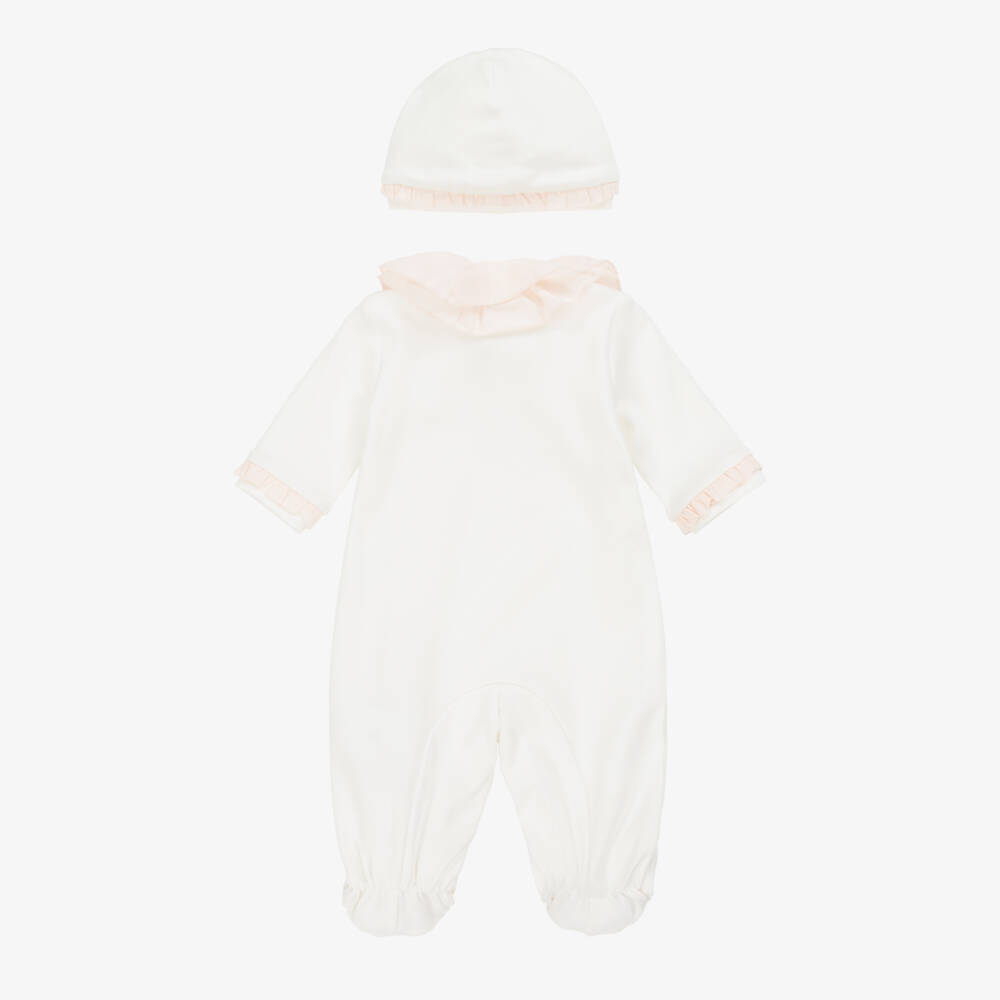 Monnalisa-Girls White & Peach Pink Cotton Babysuit Set | Childrensalon Outlet