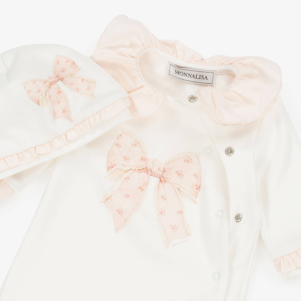 Monnalisa-Girls White & Peach Pink Cotton Babysuit Set | Childrensalon Outlet