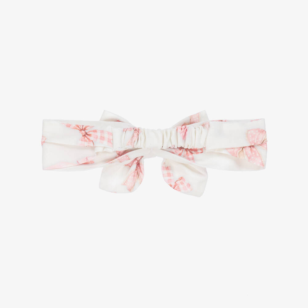 Monnalisa-Girls White & Pink Bow Print Cotton Headband | Childrensalon Outlet