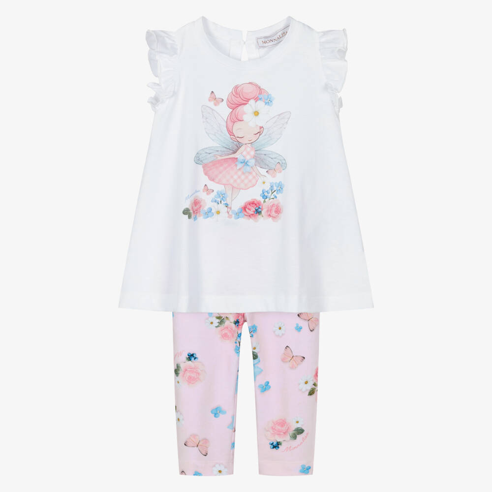 Monnalisa-Girls White & Pink Cotton Fairy & Flowers Leggings Set | Childrensalon Outlet