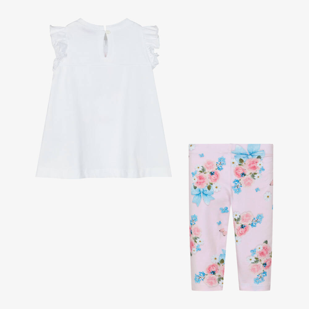 Monnalisa-Girls White & Pink Cotton Fairy & Flowers Leggings Set | Childrensalon Outlet