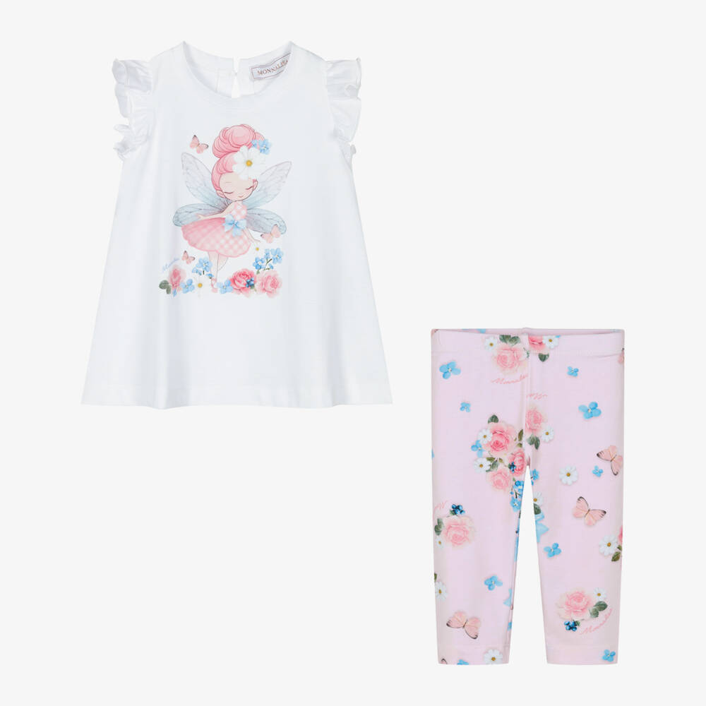Monnalisa-Girls White & Pink Cotton Fairy & Flowers Leggings Set | Childrensalon Outlet
