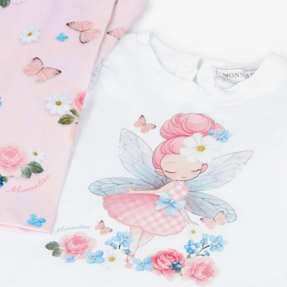 Monnalisa-Girls White & Pink Cotton Fairy & Flowers Leggings Set | Childrensalon Outlet