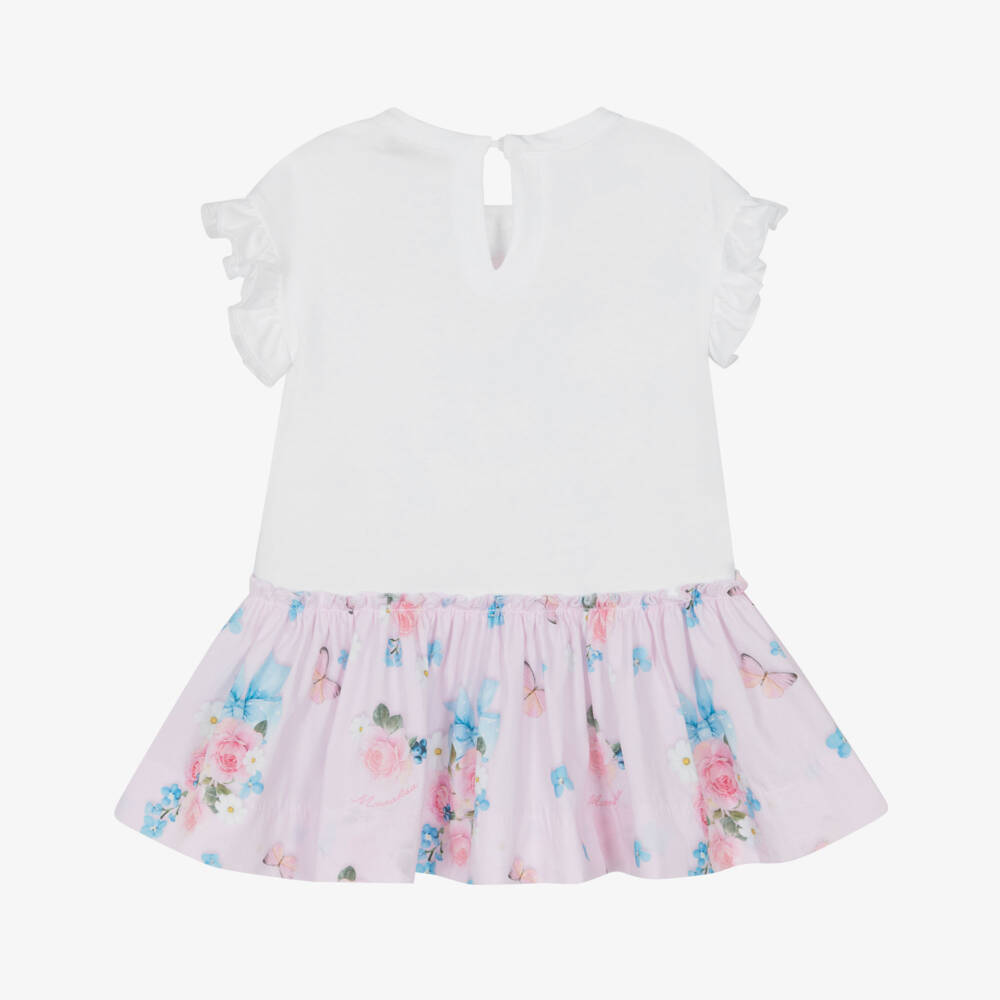 Monnalisa-Girls White & Pink Cotton Floral Dress | Childrensalon Outlet