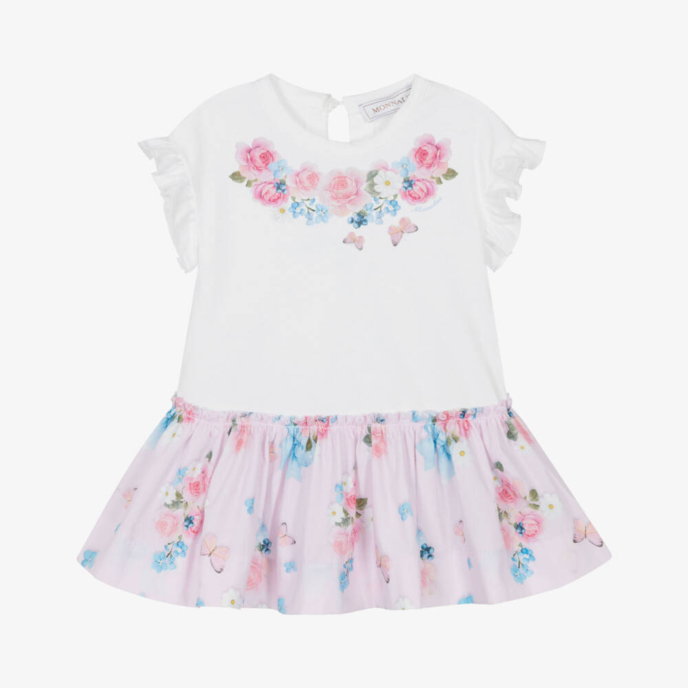 Monnalisa-Girls White & Pink Cotton Floral Dress | Childrensalon Outlet