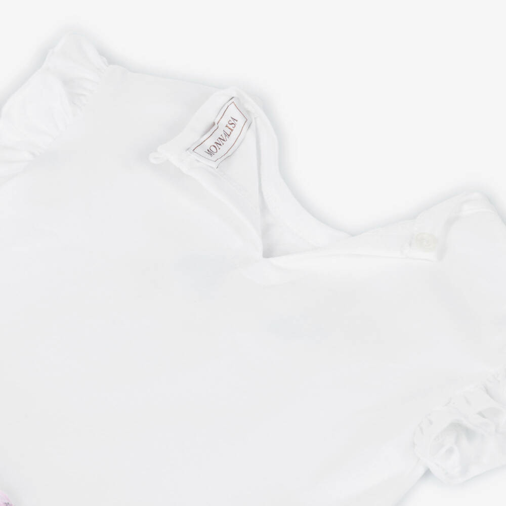 Monnalisa-Girls White & Pink Cotton Floral Dress | Childrensalon Outlet