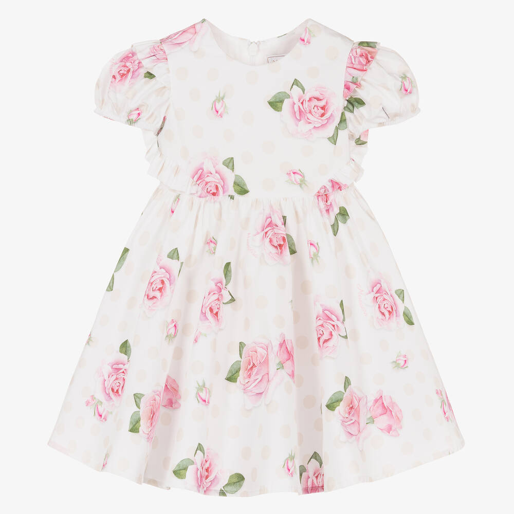 Monnalisa - Girls White & Pink Cotton Roses Dress | Childrensalon