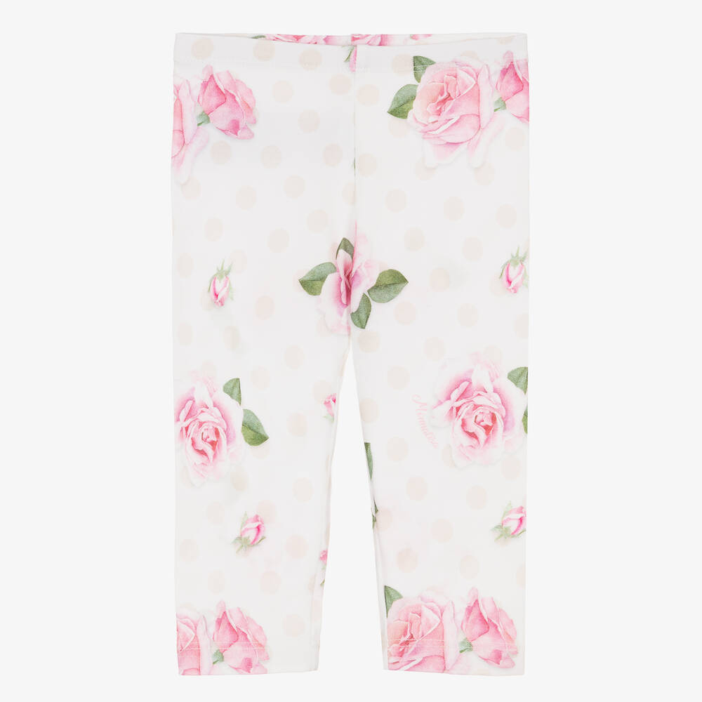 Monnalisa - Girls White & Pink Cotton Roses Leggings | Childrensalon
