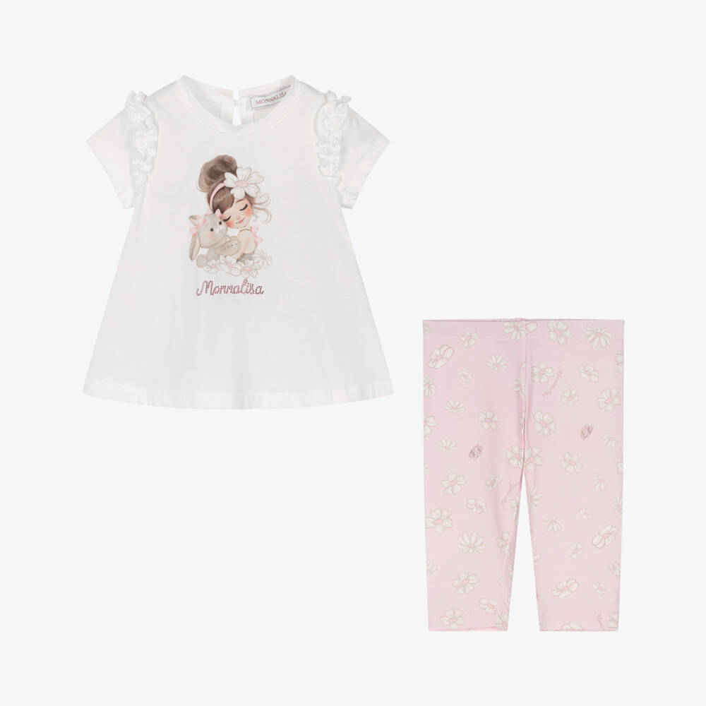 Monnalisa-Girls White & Pink Daisy Print Cotton Leggings Set | Childrensalon Outlet