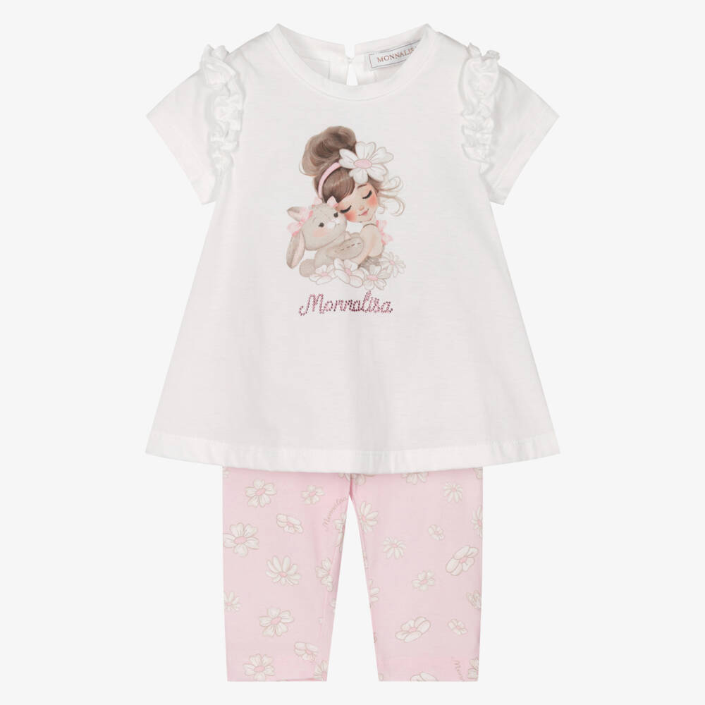 Monnalisa-Girls White & Pink Daisy Print Cotton Leggings Set | Childrensalon Outlet