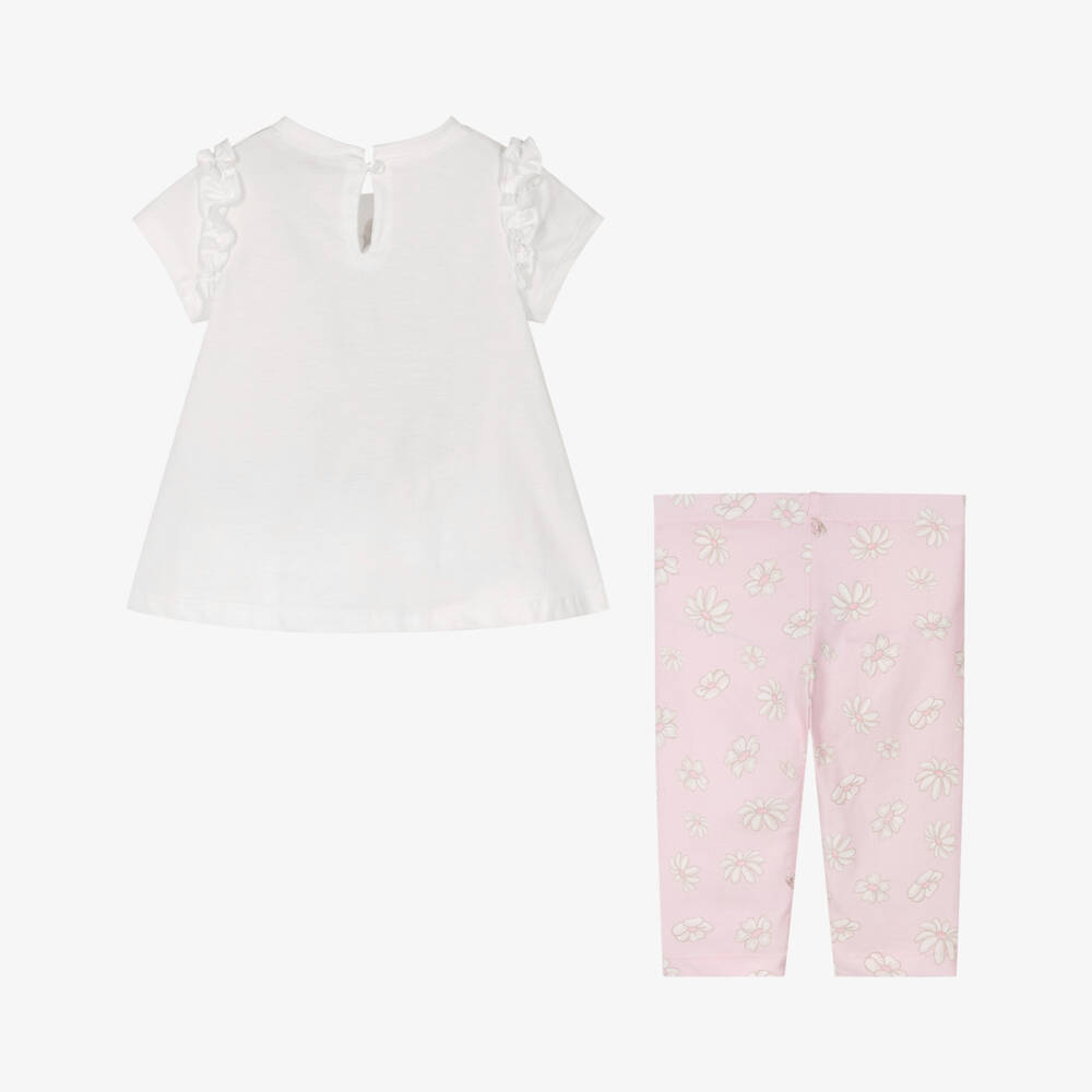 Monnalisa-Girls White & Pink Daisy Print Cotton Leggings Set | Childrensalon Outlet