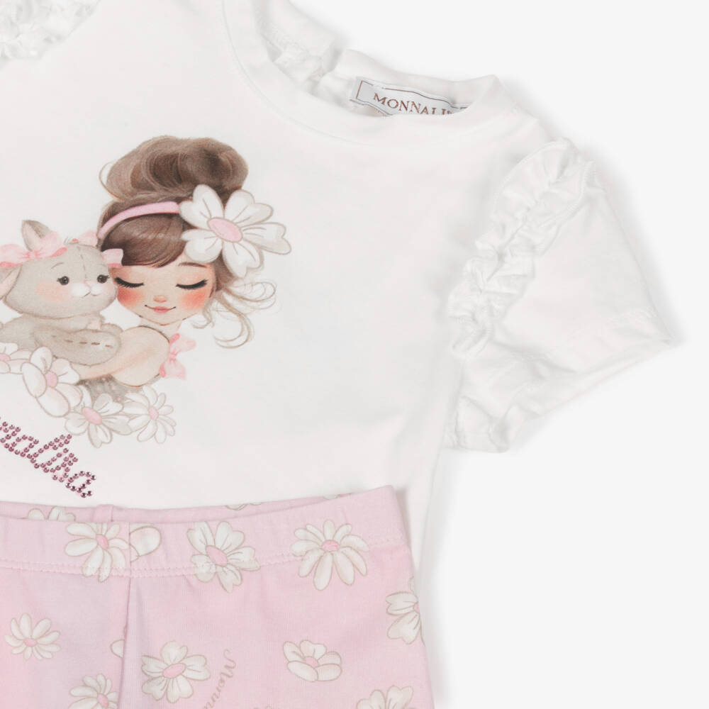 Monnalisa-Girls White & Pink Daisy Print Cotton Leggings Set | Childrensalon Outlet